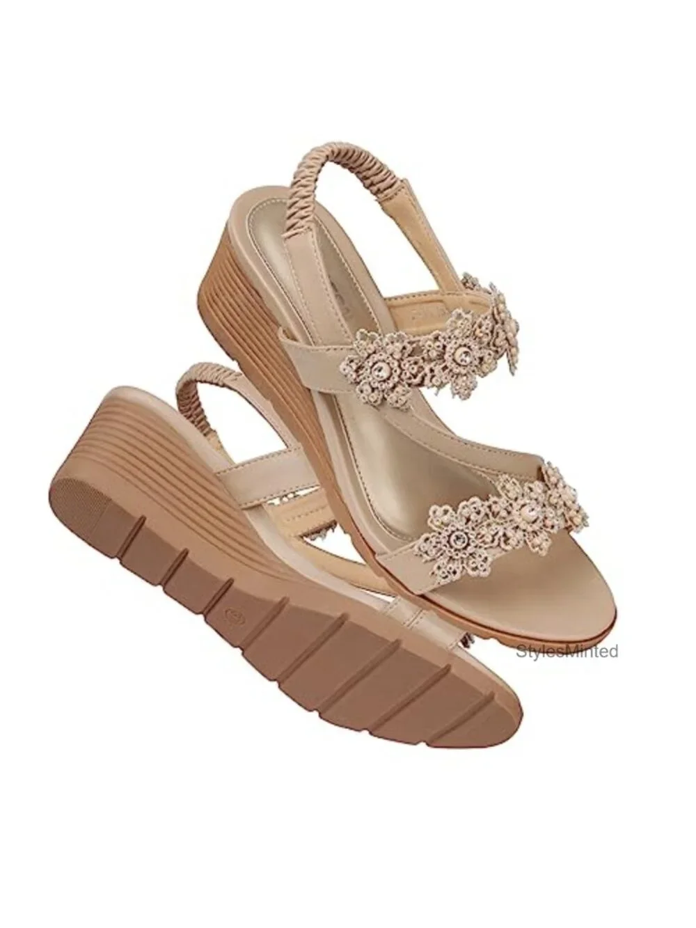 Women's Wedge Sandals Dressy Bohemian Rhinestone Open Toe Low Heel Comfortable